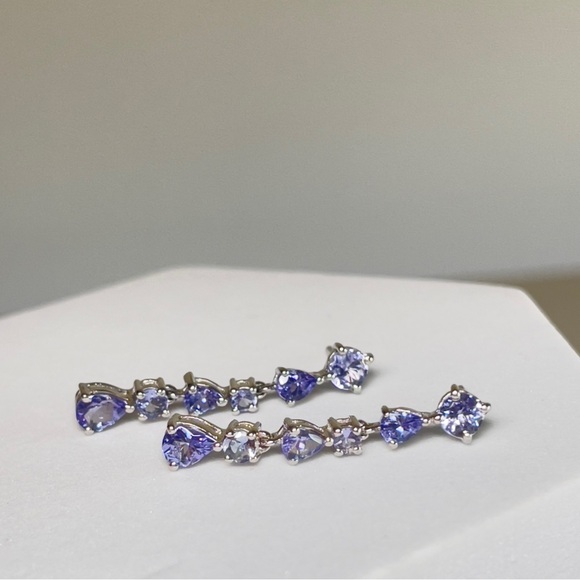 925 Silver Round and Pear Shaped December Birthstone Tanzanite Dangle Earrings - Picture 16 of 17